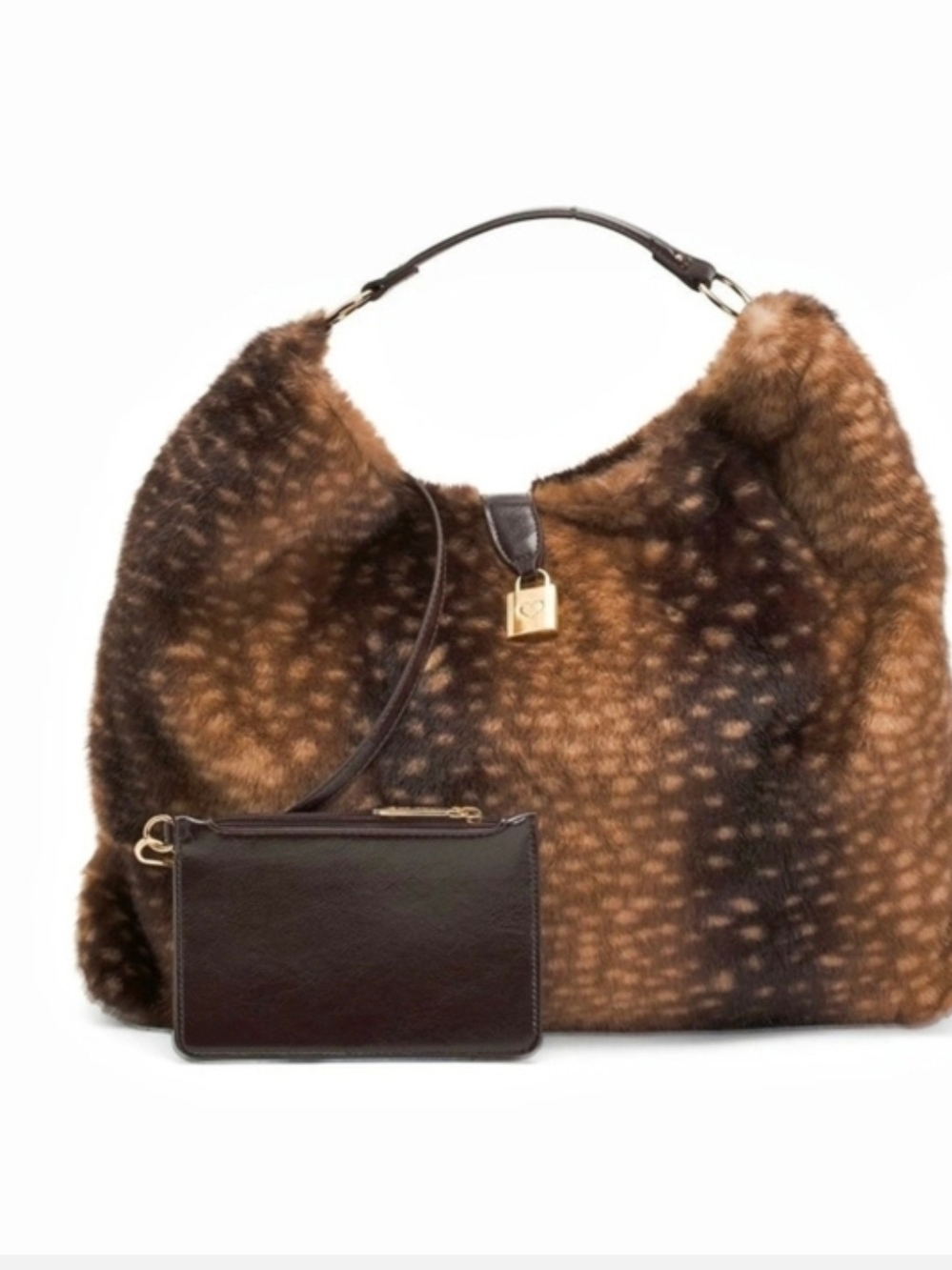 👉✨️ Betsey Johnson Brown Faux Fur Hobo Shoulder Bag with Wristlet